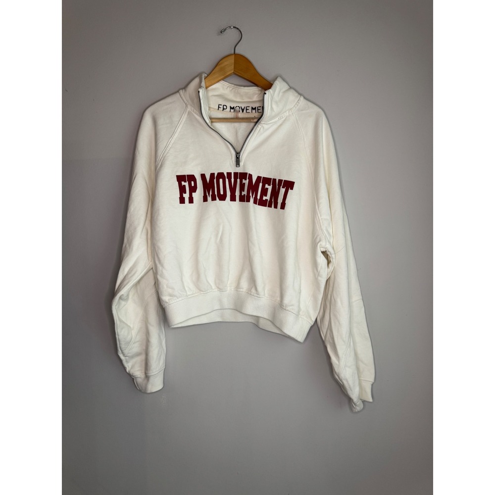 FP Movement Free People For The Win Logo 1/4 Zip White Cropped Sweatshirt Large